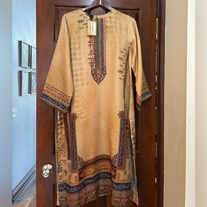 NWT Montivo Jacquard Long Kurti Dress S Tan Blue Ethnic Modest 45”